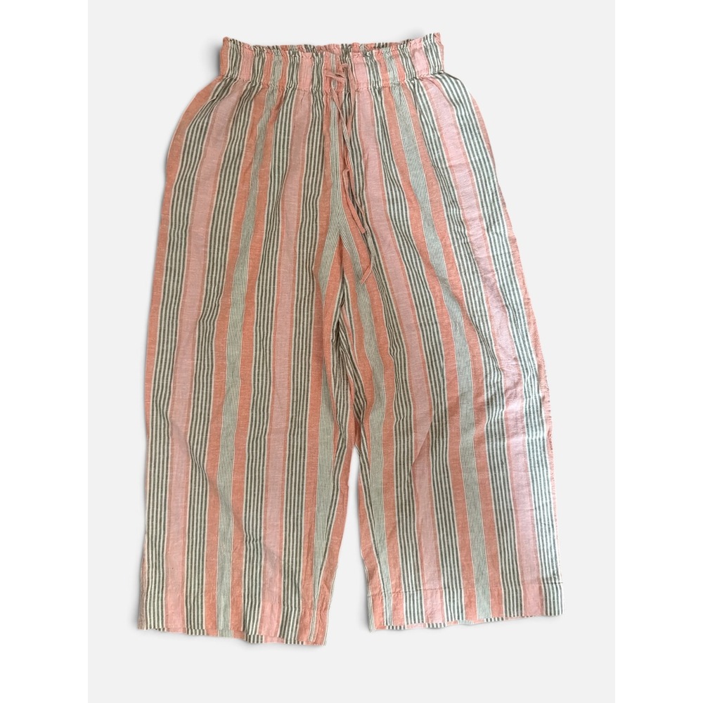 Free People Striped Wide Leg Linen Blend Pants Coral Cream Olive Medium - Picture 4 of 9